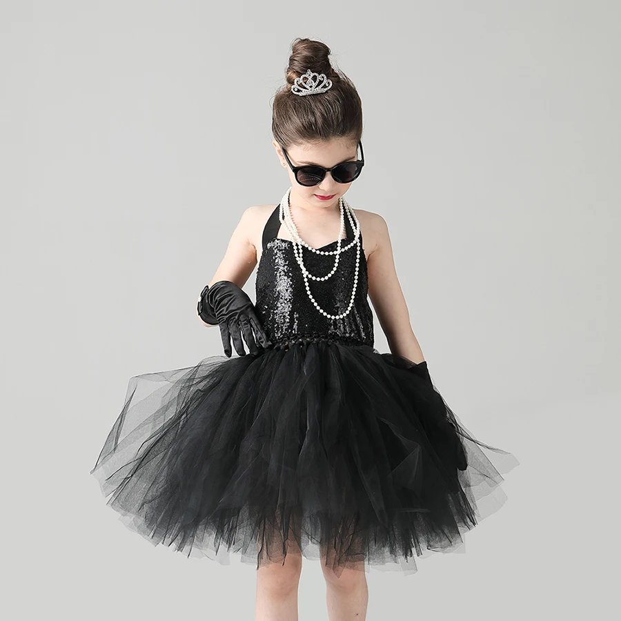 Child's Breakfast at Tiffany's Holly Golightly Costume Set Sequin Black Audrey Hepburn Tutu Dress Kids Birthday Party Prom Dress (2)