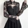 Women Gothic Sexy Spaghetti Strap Black Ruffles Floral Lace Swing Mini Dress Crisscross Bandage High Waist Slim Basic Club Stree - Image 2