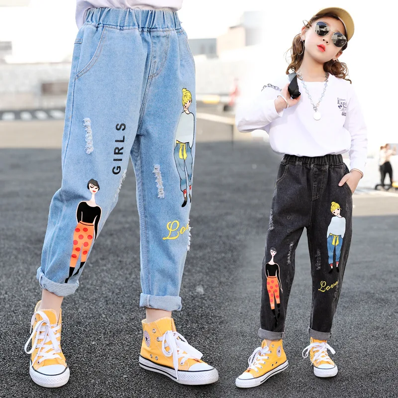 New Fashion Cartoon Jeans for Girls Teenage Children Jeans Elastic Waist Denim Pants Kids Trousers for Girls Kids Clothes 4-13T