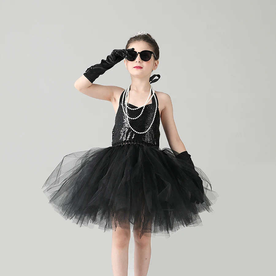 Child's Breakfast at Tiffany's Holly Golightly Costume Set Sequin Black Audrey Hepburn Tutu Dress Kids Birthday Party Prom Dress (4)