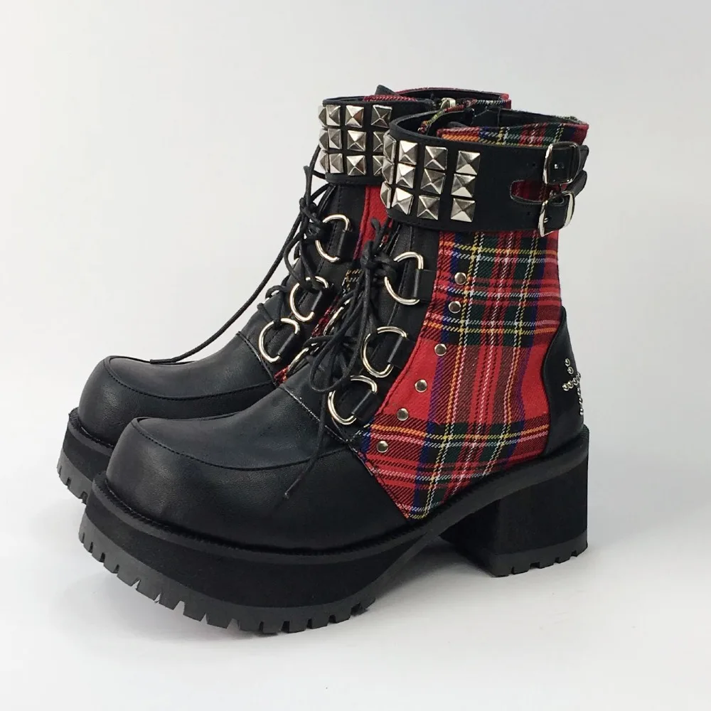 Classic-Black-Red-Plaids-Rivet-Gothic-Punk-Rock-Lace-up-Lolita-Ankle-Boots- Chunky-Heels-Thick-Platform-Women-Lolita-Cosplay-Boots- 4