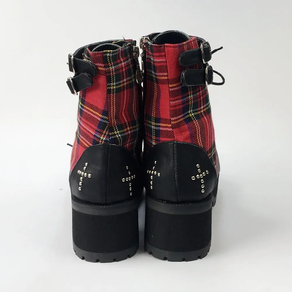 Classic-Black-Red-Plaids-Rivet-Gothic-Punk-Rock-Lace-up-Lolita-Ankle-Boots- Chunky-Heels-Thick-Platform-Women-Lolita-Cosplay-Boots- 2