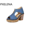 PXELENA Peep Toe Denim Sandals Women Square Chunky Block High Heels Platform Gladiator Shoes Lady Punk Rock Gothic Front Zipper - Image 4