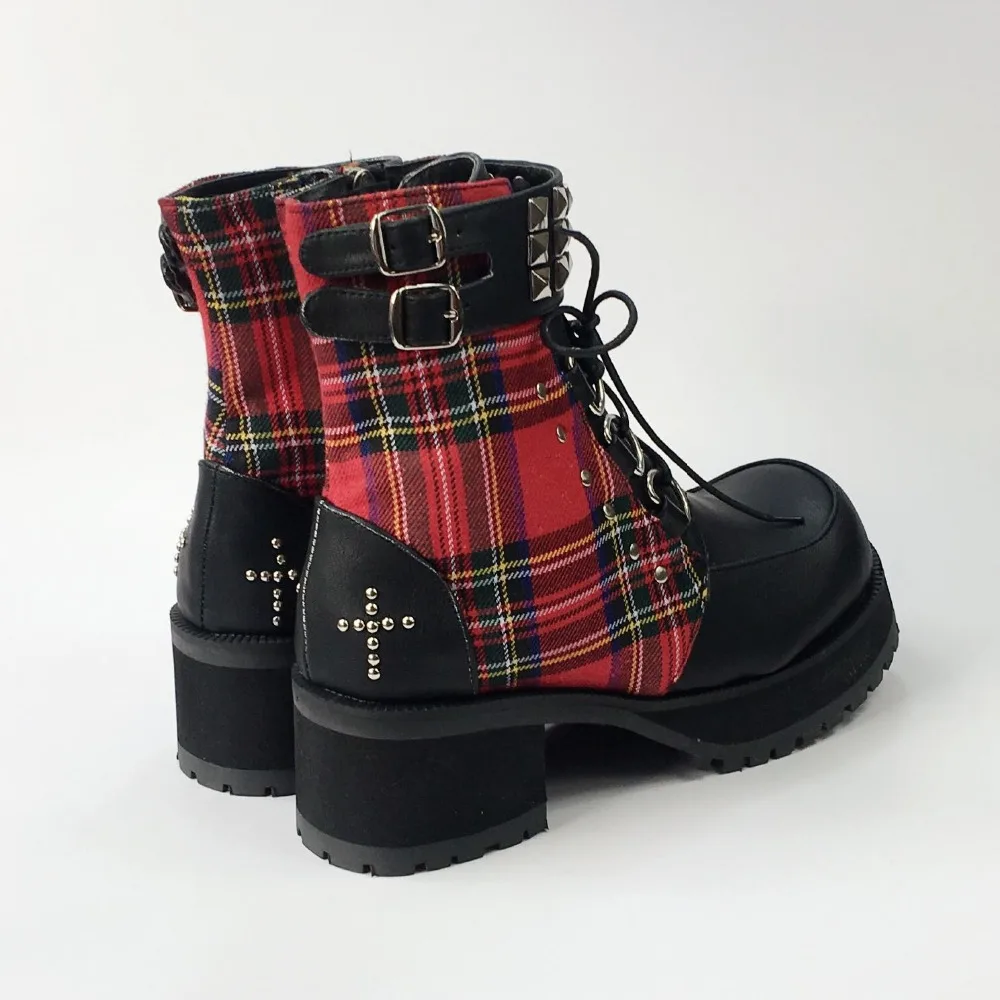 Classic-Black-Red-Plaids-Rivet-Gothic-Punk-Rock-Lace-up-Lolita-Ankle-Boots- Chunky-Heels-Thick-Platform-Women-Lolita-Cosplay-Boots- 1