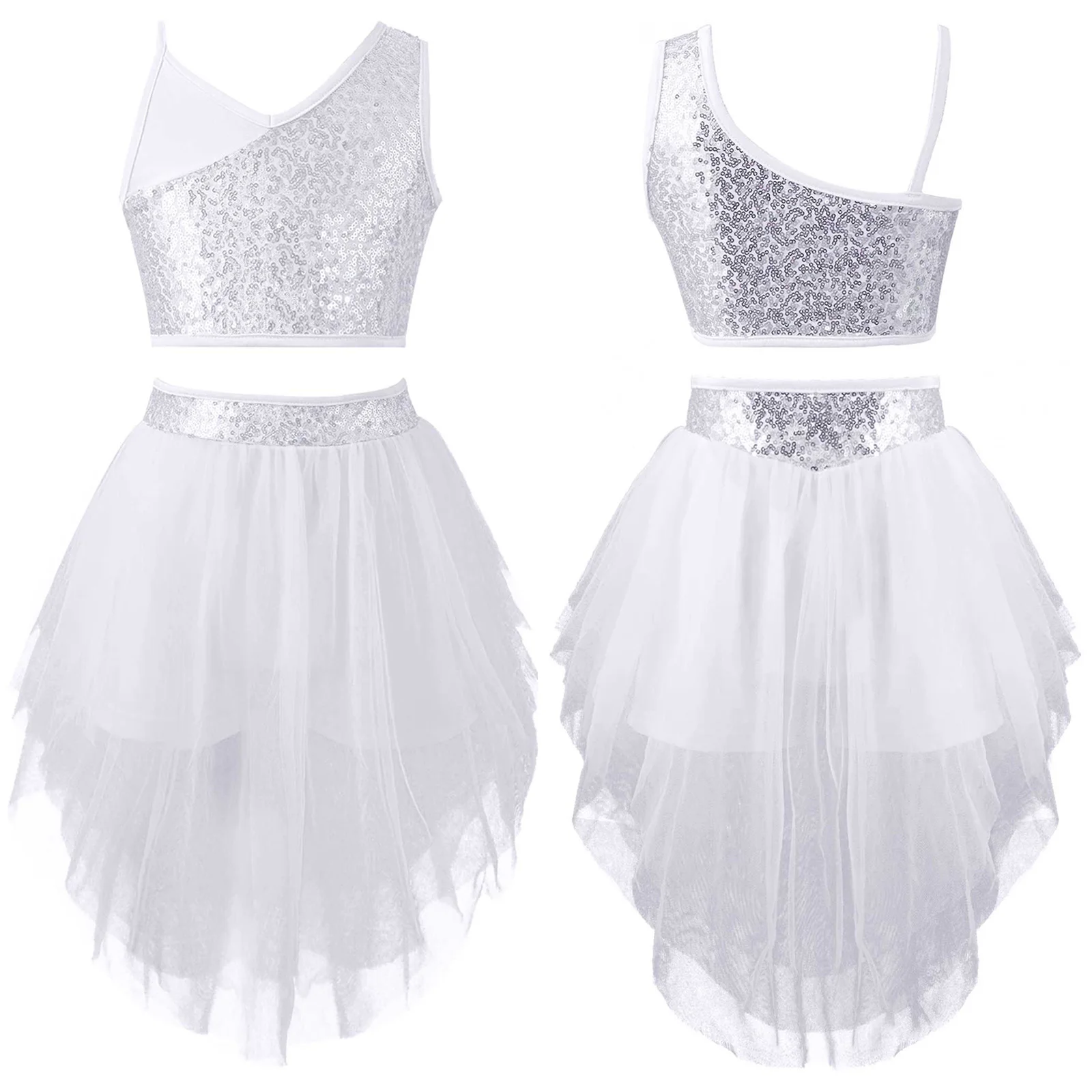 Kids Shiny Gymnastics Ballet Leotard Dress Girls Sequins Crop Top with Skirt Tulle Latin Lyrical Stage Performance Dance Costume