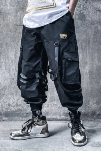 Men's Ribbon Straps Studded Techwear Jogger Punk Ankle Cargo Pants Black - Image 4