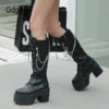 Gdgydh Black Leather Pu High Quality Winter Platform High Heels Shoes With Chain Gothic Metal Combat Knee High Boots Women Zip - Image 3