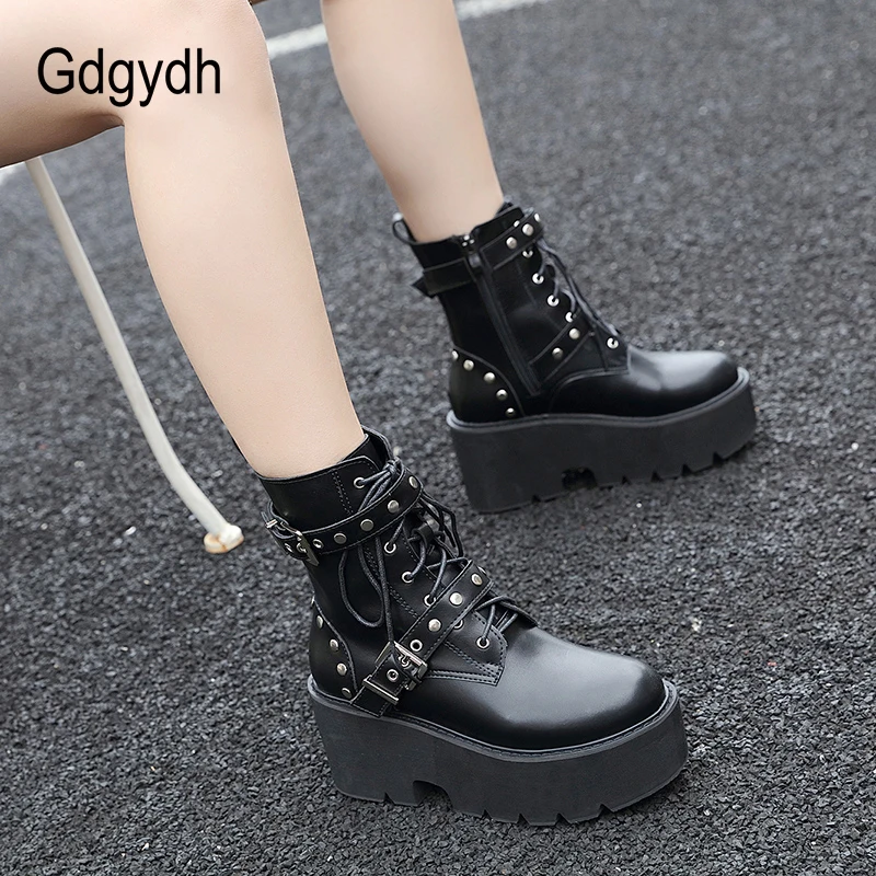 Gdgydh Vintage Rivet Fall Heeled Boots Women Platform Ankle Boots Buckle Decor Black Chunky Wedge Gothic Nightclub Party Shoes - Image 4