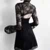 Women Gothic Sexy Spaghetti Strap Black Ruffles Floral Lace Swing Mini Dress Crisscross Bandage High Waist Slim Basic Club Stree - Image 4