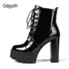 Gdgydh 2021 Thick High Heeled Female Patent Leather Ankle Boots Round Toe Lace-up Zipper Women Short Boots Gothic Women Shoes - Image 3