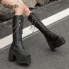 Gdgydh Black Leather Pu High Quality Winter Platform High Heels Shoes With Chain Gothic Metal Combat Knee High Boots Women Zip - Image 4