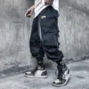 Men's Ribbon Straps Studded Techwear Jogger Punk Ankle Cargo Pants Black - Image 6