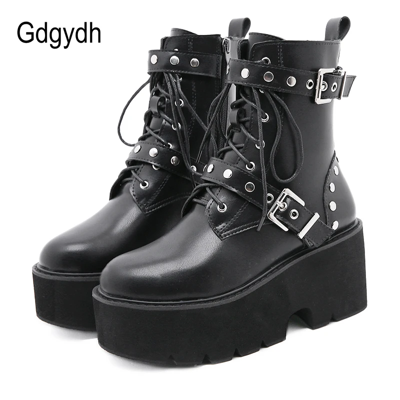 Gdgydh Vintage Rivet Fall Heeled Boots Women Platform Ankle Boots Buckle Decor Black Chunky Wedge Gothic Nightclub Party Shoes - Image 5