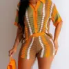 CM.YAYA Knit Ribbed Crochet Hollow Out Striped Women's Set Short Sleeve Button Sweater and Shorts 2023 Two 2 Piece Set Outfits