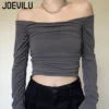 JOEVILU Skinny Top Off Shoulder Sexy T-shirt Spring and Autumn Babes Versatile Bottoming Shirt Women Korean Style Y2k Crop Tops - Image 2