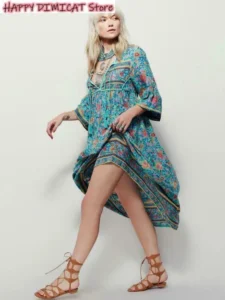 Women Dress Vintage 70S Hippie Deep V Neck Ethnic India Floral Bib Boho Festival Midi Dress - Image 4