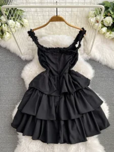 Foamlina 2024 New Fashion Women Summer Dress Black Spaghetti Strap Sleeveless Bow-tied Slim High Waist Ruffles Mini Cake Dresses - Image 2