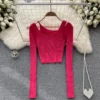 Y2K Korean Fashion Irregular Top Women O Neck Off Shoulder Long Sleeve T-shirt High Waist Solid Color T-shirts Dropshipping - Image 3