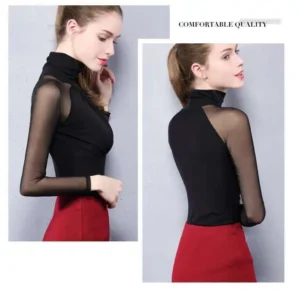 New Turtleneck Temperament Slim Mesh Bottoming Shirt Women Slim Elastic Mesh Long Sleeve T-shirt Ladies Silk Lace Top Blusa - Image 6