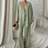 Clacive Fashion Loose Green Cotton 2 Piece Set Women Outfit 2024 Elegant Long Sleeve Shirt With High Waist Wide Pants Set Female