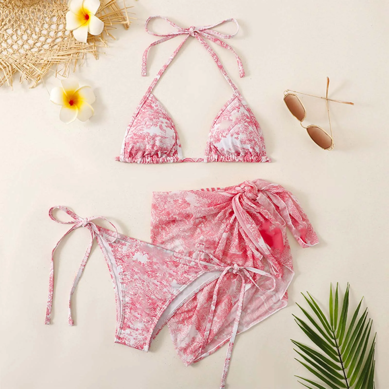 New Fashion Ink Painting Bikini Set Women Swimwear Three Piece Bathing Suit Drawstring Swimsuit Female Sunscreen Beachwear