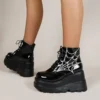 2023 New Autumn Wedges Motorcycle Boot Woman Super High Heels Shoes Punk Gothic Patent Leather Black Ankle Boots for Women - Image 3