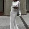 Clacive Sexy White Satin 2 Piece Sets Women Outfit 2024 Fashion Long Sleeve Crop Top With High Waist Long Skirts Set Streetwear