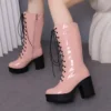 LeShion Of Chanmeb Chunky Square High-heeled Mid-calf Boots Women Round Toe Lace-up Zipper Platforms Goth Boots Gothic Shoes Red - Image 5