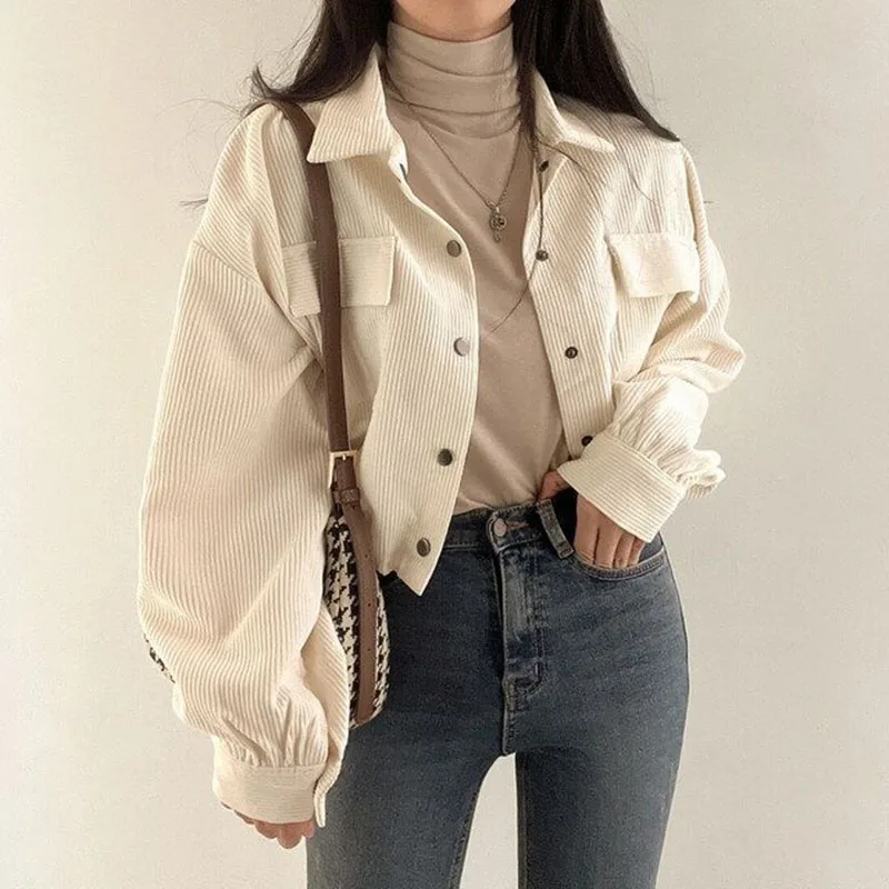 Y2K Vintage Corduroy Shirt Women Casual Korean Loose Chic Streetwear Harajuku Fashion Outwear Button Drawstring Coat - Image 4