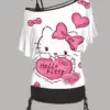 Sexy Elegant Women's Sets Tops Woman Clothing Hello Kitty Dress One Shoulder Sleeve Mini Skirt Disney T-shirt Two Piece Set Set
