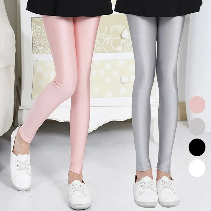 Kids Girls Shiny Skiny Pants 2019 New Arrival Spring Autumn Solid Girls Leggings Pink Gray Children Fashion Clothing 2-16Y