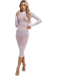 Womens See Though Skinny Dress Lingerie High Stretchy Glossy Bodycon Dress Long Sleeve Sleeveless Dating Club Rave Party Clothes - Image 3