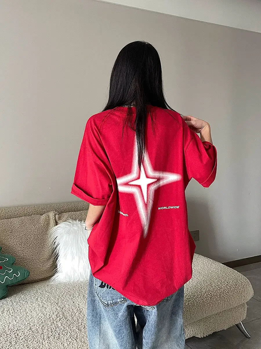 Oversized Y2K Vintage Letter Star Print T Shirts Korean Trend Streetwear Red Short Sleeve Tees Hip Hop Harajuku Black Top Women