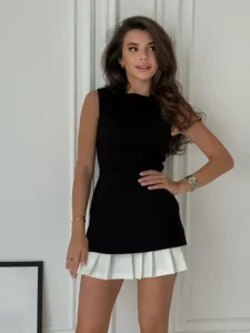 Women Elegant Mini Pleated Dress Suit Fashion O-neck Sleeveless Slim Patchwork Dresses Summer Lady New Chic High Street Robes - Image 3