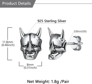 U7 Hannya Mask 925 Silver Demon Horn Amulet Stud Earrings for Man Women Gothic Statement Daily Jewelry - Image 4