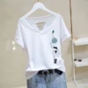 100% Cotton T-shirts Women Exposed Collarbone Desgin Short Sleeve Tops 2023 Summer Trend Thin T Shirt Korean V-neck Tshirt Y2k - Image 2