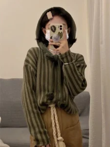 Deeptown 90s Vintage Green Hooded Knitted Cardigan Women Harajuku Kpop Zip Up Cropped Sweater Fairy Grunge Loose Y2K Tops Korean - Image 3