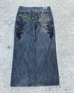 Gothic geometric cross design high-waisted jeans for mens 2000s American vintage dark rock and roll popular straight baggy pants - Image 2