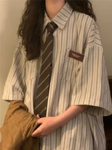 2024 New Retro Women's Short Sleeved Korean Style Loose Fitting Academy Striped Shirt Retro Clothing Fashion Top - Image 2