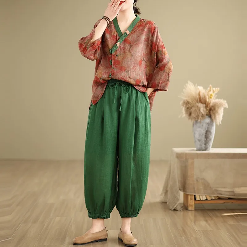 2 Piece Sets Women Casual Pant Suits New 2024 Chinese Style Vintage Floral Print Loose Female Tops And Ankle-length Pants
