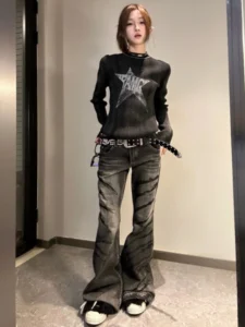 Deeptown Y2K Vintage Star Knitted Sweater Women Harajuku Grunge Black Slim Cropped Pullover Korean Casual Jumper Fairycore Kpop - Image 3