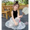 Children's Clothing Sets Sleeveless Tank Top Chinese Ink Painting Printed Pleated Skirt Girls Clothes Set 3 To 7 Years - Image 6