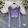 Y2K Korean Fashion Irregular Top Women O Neck Off Shoulder Long Sleeve T-shirt High Waist Solid Color T-shirts Dropshipping - Image 2