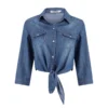 New Autumn Denim Shirts For Women 3/4 Sleeve Womens Tops Chemise Crop Tops Women Lace Up Jeans Shirts And Blouses Ladies Tops - Image 4