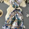 Merchall Summer Runway 2 Piece Skirt Set Women Bat Sleeve Print Shirts and High Waist Pleated Maxi Skirt Matching Outfits