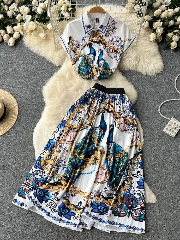 Merchall Summer Runway 2 Piece Skirt Set Women Bat Sleeve Print Shirts and High Waist Pleated Maxi Skirt Matching Outfits