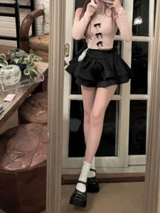 Fake Two Pieces Set Sweet Bow Patchwork T-shirt Korean Fashion Long Sleeve Y2k Aesthetic Top Women Off Shoulder Sexy Halter Tees - Image 5