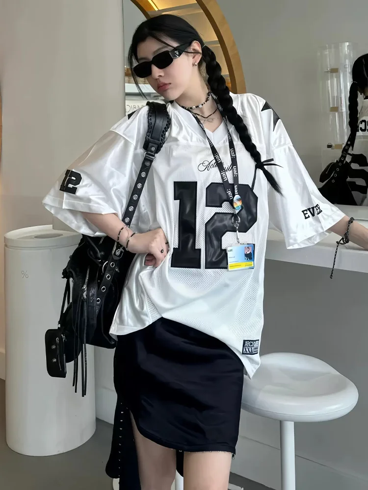 SUNSIREN American Retro Football T-Shirt Women Korean Fashion Streetwear Oversize T-Shirt BIokecore Vintage Mesh Breathable Tees