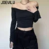 JOEVILU Skinny Top Off Shoulder Sexy T-shirt Spring and Autumn Babes Versatile Bottoming Shirt Women Korean Style Y2k Crop Tops - Image 3