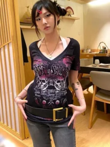 2024 Punk Summer Vintage Y2k Aesthetic Women T-shirt Slim Letter Print Harajuku V Neck Tee Shirts Femme Korean Grunge Sexy Top - Image 2
